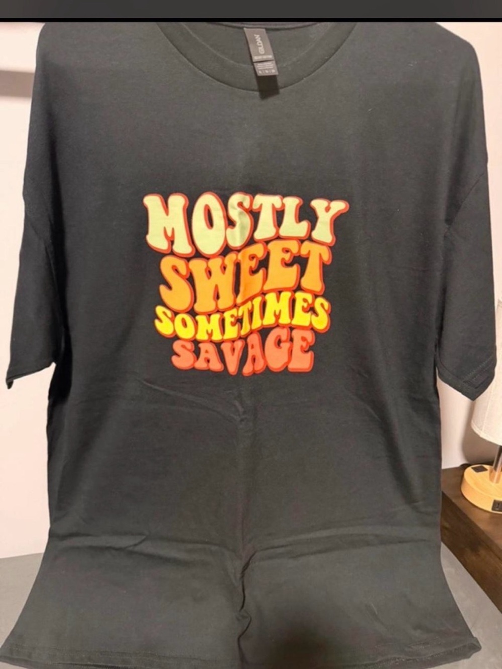 Gildan Black Short-Sleeve Tee with Orange & Yellow Retro Text